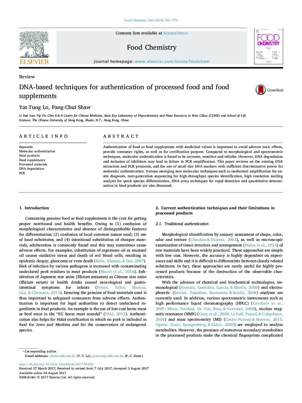 DNA-based techniques for authentication of processed food and food supplements