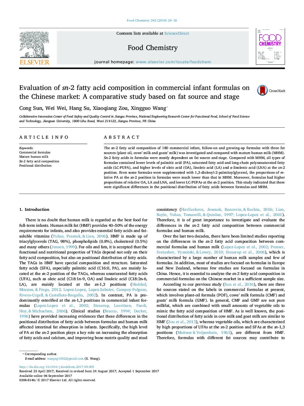 بررسی ترکیب اسید چرب اسناد 2 در فرمول های تجاری نوزادان در بازار چین: یک مطالعه مقایسه ای بر اساس منبع چربی و مرحله