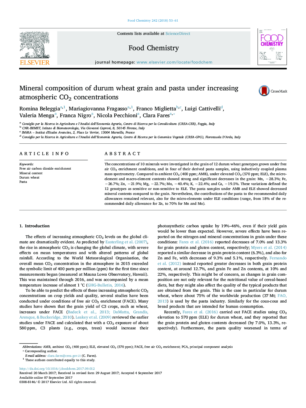 Mineral composition of durum wheat grain and pasta under increasing atmospheric CO2 concentrations