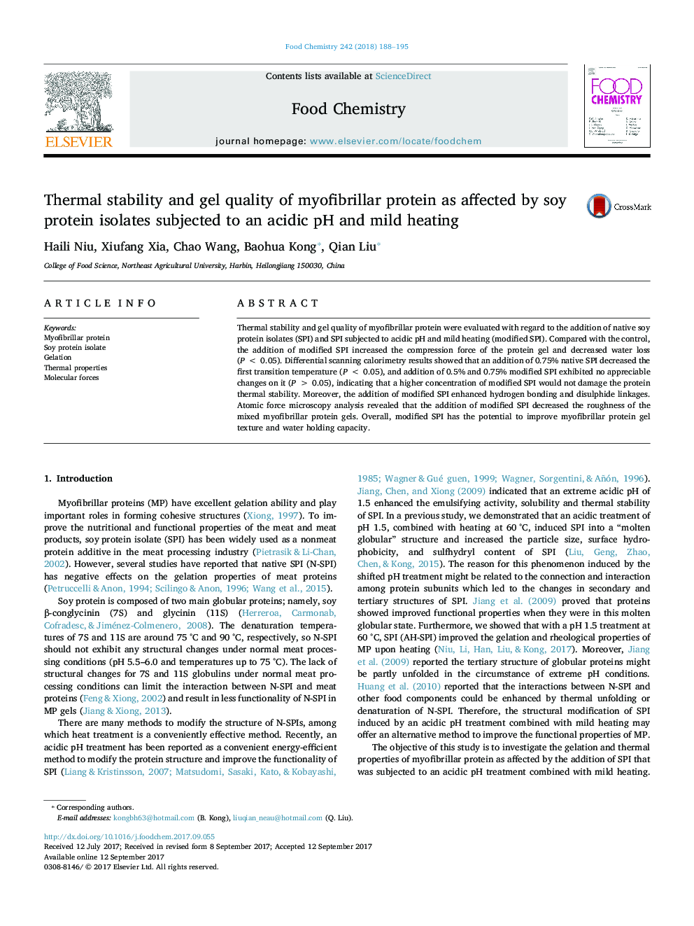 Thermal stability and gel quality of myofibrillar protein as affected by soy protein isolates subjected to an acidic pH and mild heating