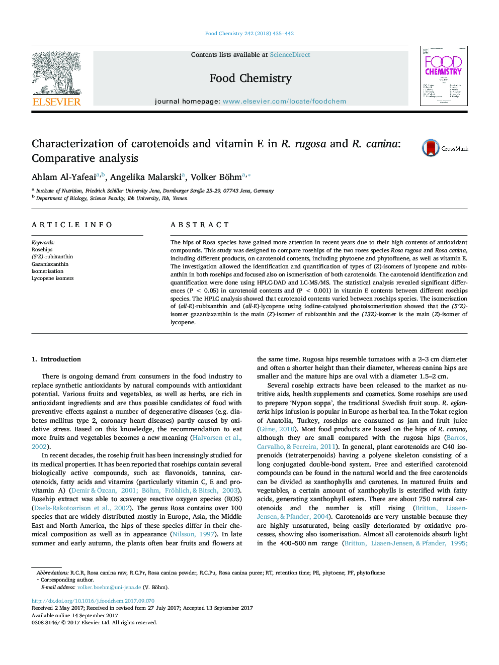 Characterization of carotenoids and vitamin E in R. rugosa and R. canina: Comparative analysis