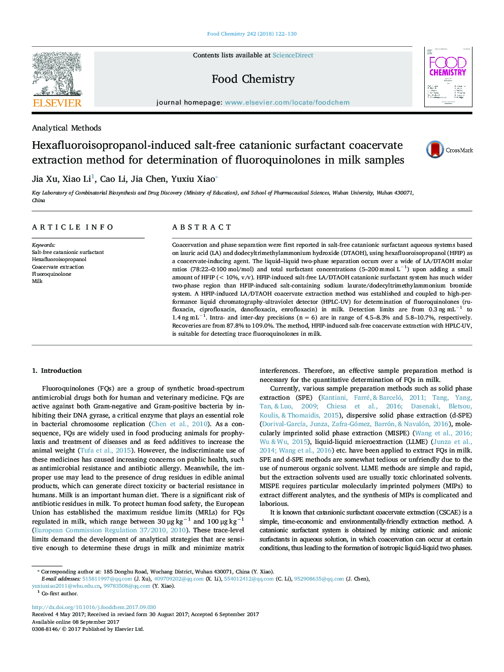 Hexafluoroisopropanol-induced salt-free catanionic surfactant coacervate extraction method for determination of fluoroquinolones in milk samples