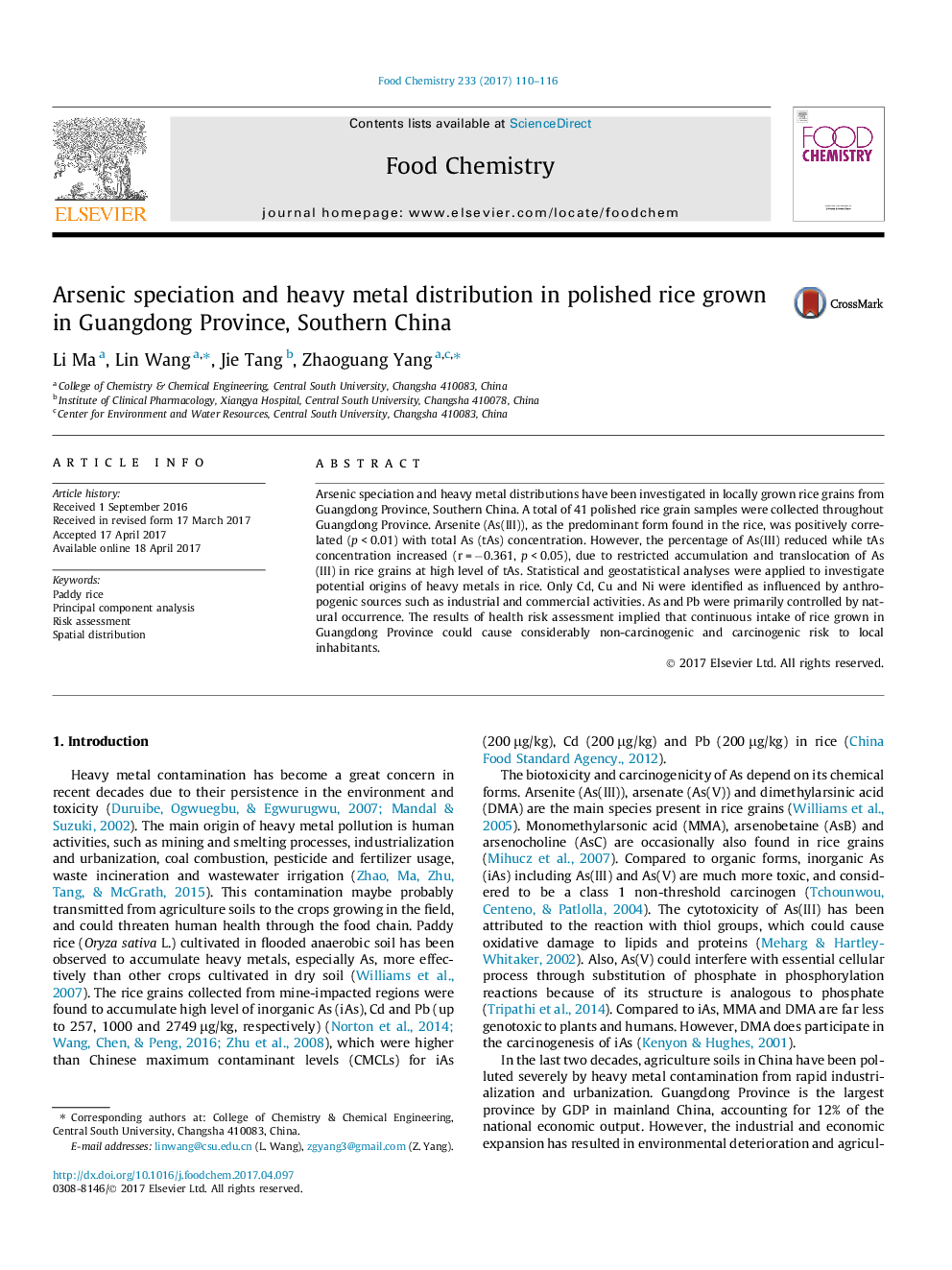 Arsenic speciation and heavy metal distribution in polished rice grown in Guangdong Province, Southern China