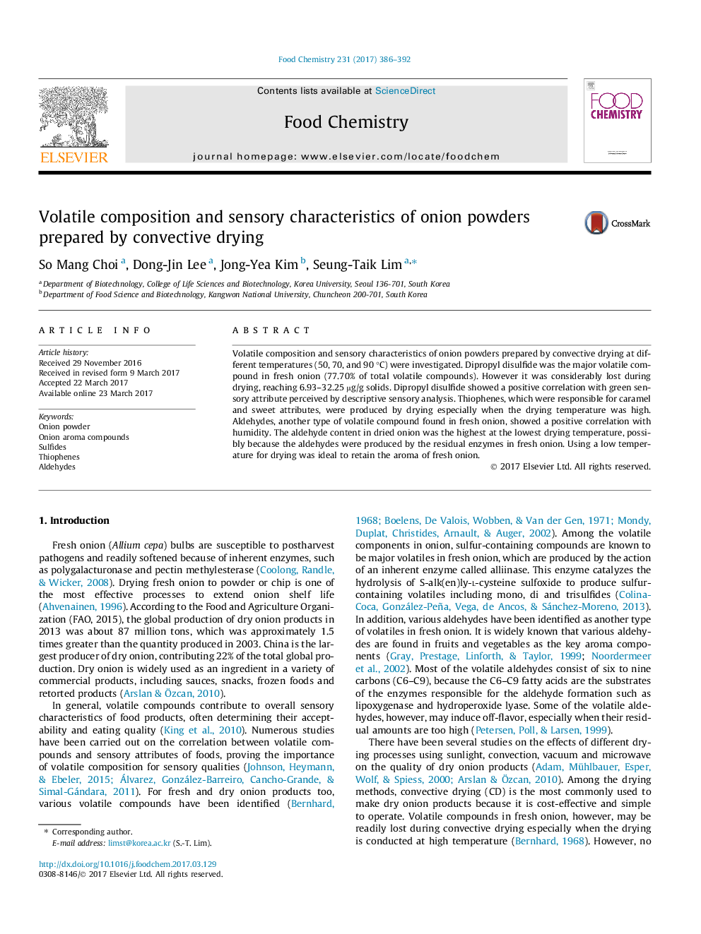 Volatile composition and sensory characteristics of onion powders prepared by convective drying