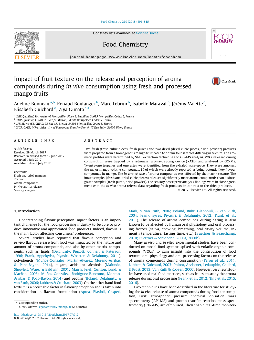 Impact of fruit texture on the release and perception of aroma compounds during in vivo consumption using fresh and processed mango fruits