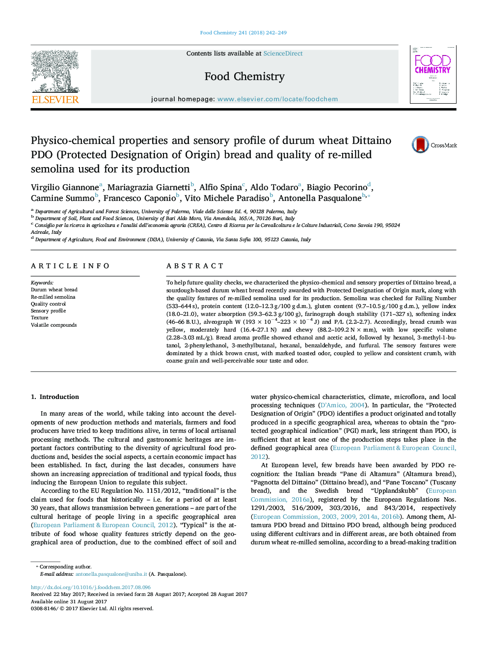 Physico-chemical properties and sensory profile of durum wheat Dittaino PDO (Protected Designation of Origin) bread and quality of re-milled semolina used for its production