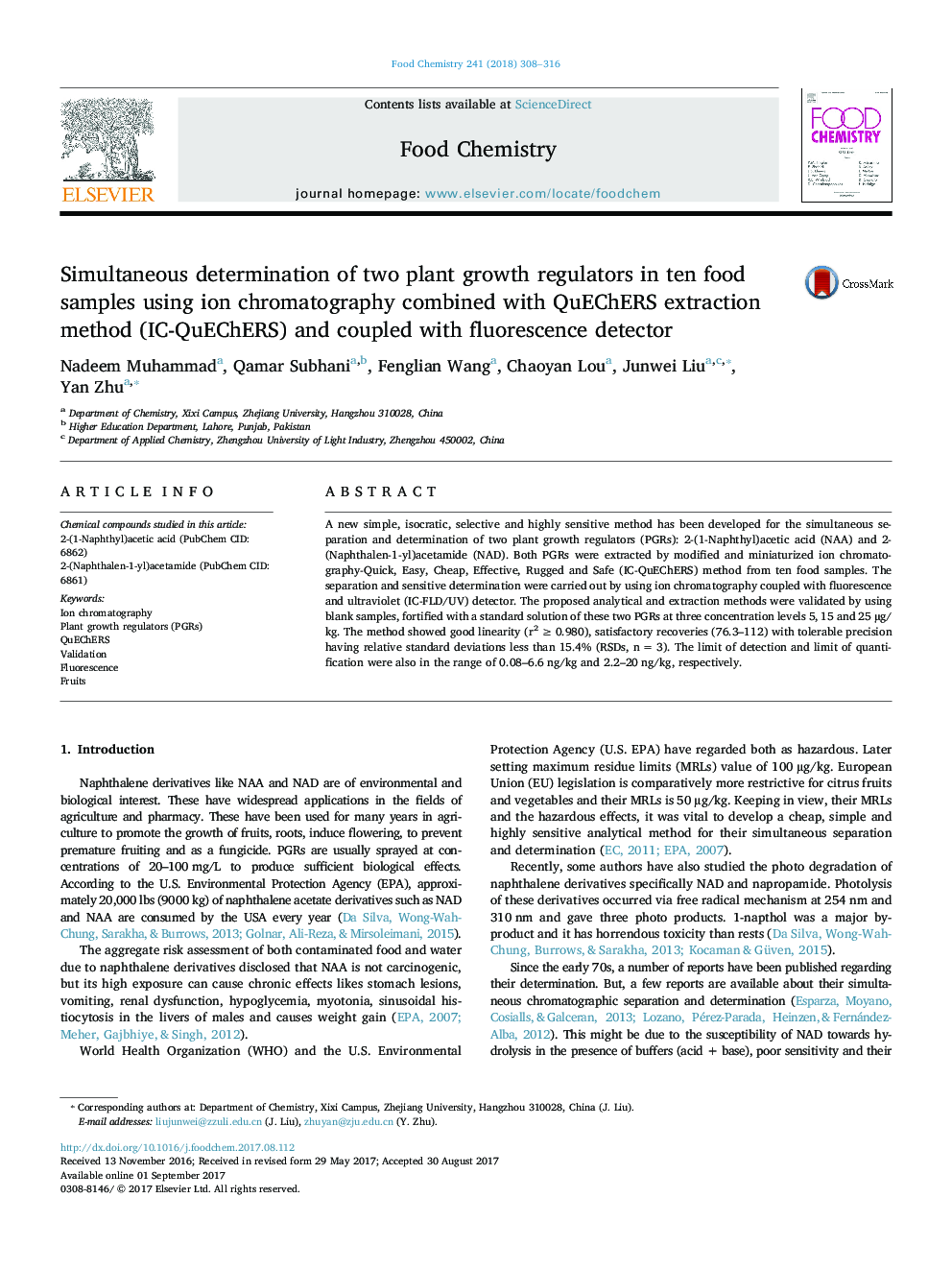 Simultaneous determination of two plant growth regulators in ten food samples using ion chromatography combined with QuEChERS extraction method (IC-QuEChERS) and coupled with fluorescence detector