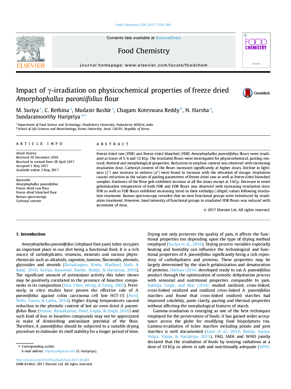 Impact of Î³-irradiation on physicochemical properties of freeze dried Amorphophallus paeoniifolius flour