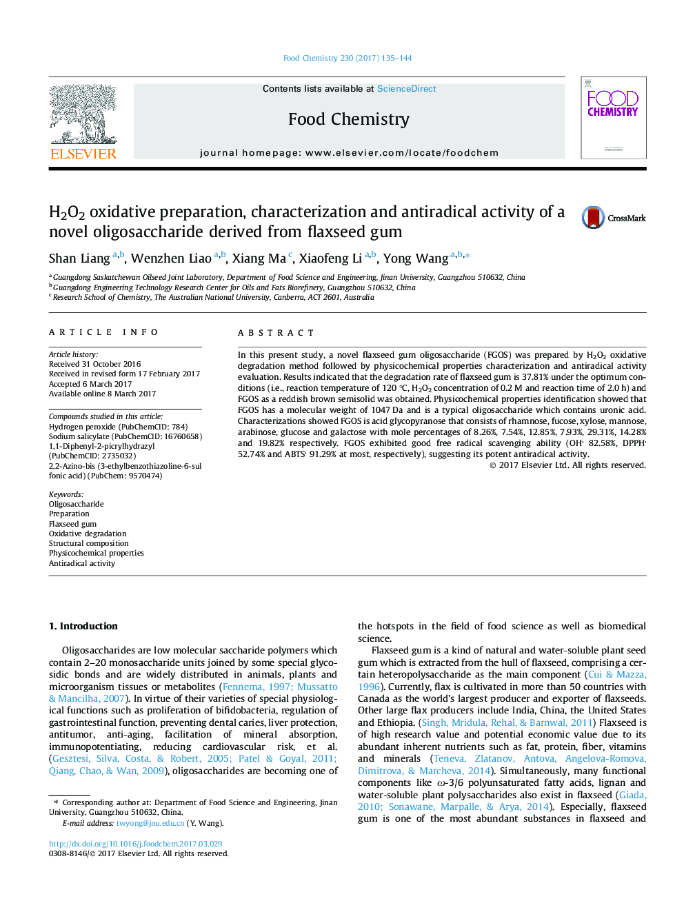 H2O2 oxidative preparation, characterization and antiradical activity of a novel oligosaccharide derived from flaxseed gum