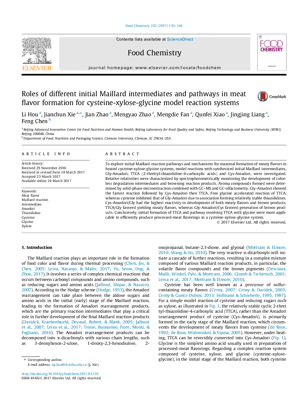 Roles of different initial Maillard intermediates and pathways in meat flavor formation for cysteine-xylose-glycine model reaction systems