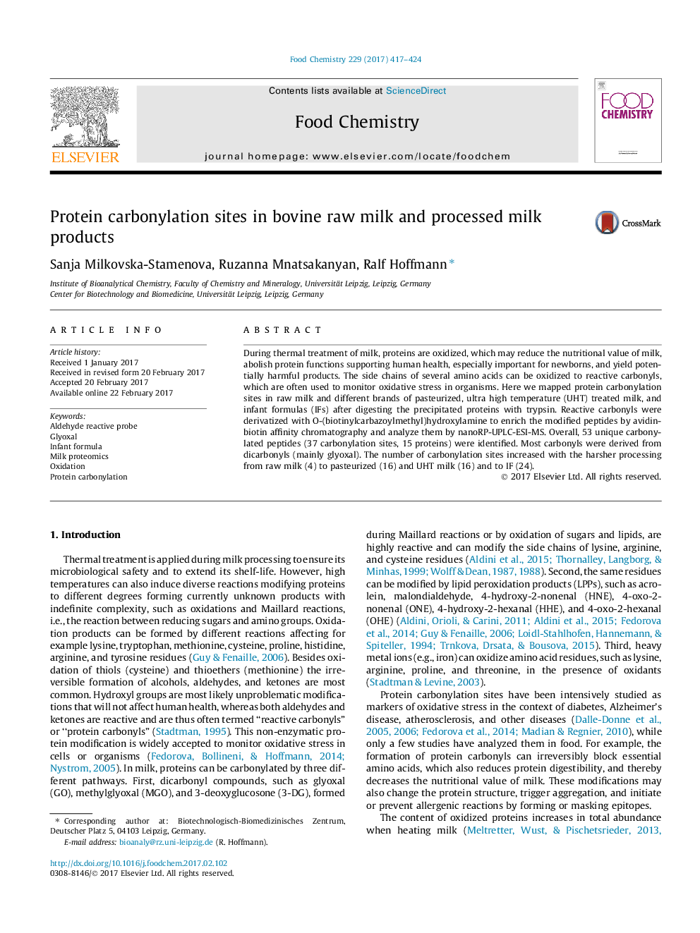 Protein carbonylation sites in bovine raw milk and processed milk products