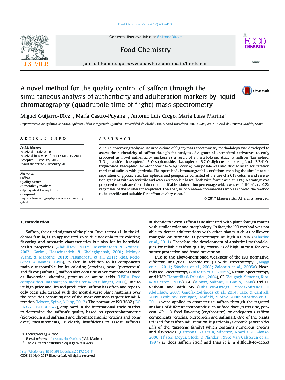 A novel method for the quality control of saffron through the simultaneous analysis of authenticity and adulteration markers by liquid chromatography-(quadrupole-time of flight)-mass spectrometry