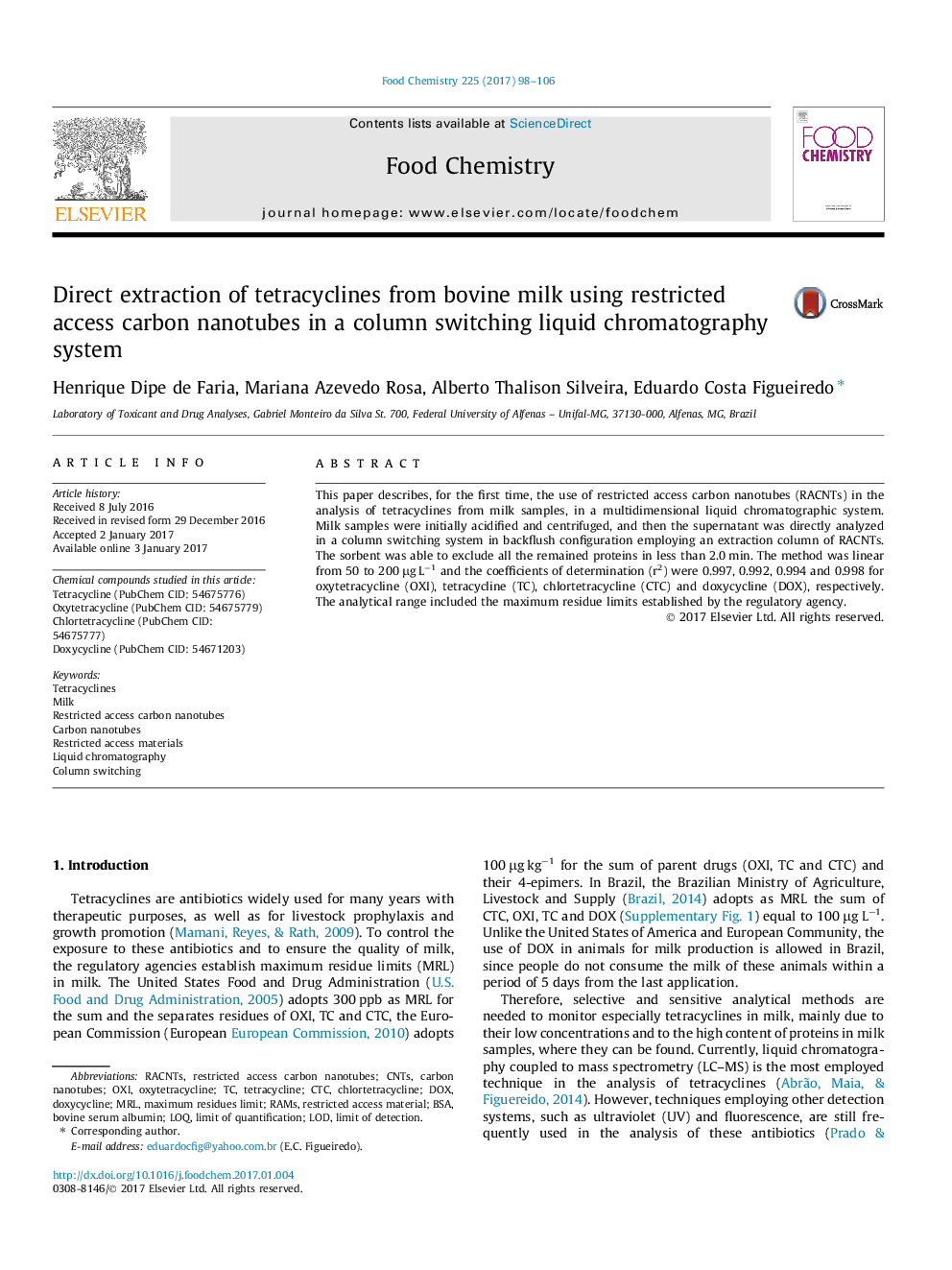 Direct extraction of tetracyclines from bovine milk using restricted access carbon nanotubes in a column switching liquid chromatography system