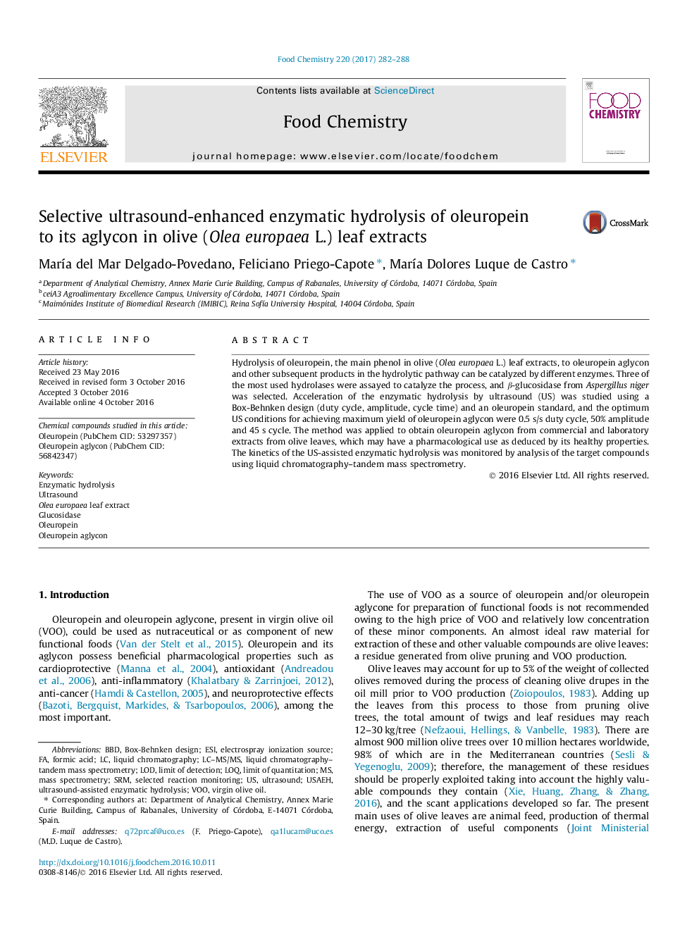 Selective ultrasound-enhanced enzymatic hydrolysis of oleuropein to its aglycon in olive (Olea europaea L.) leaf extracts