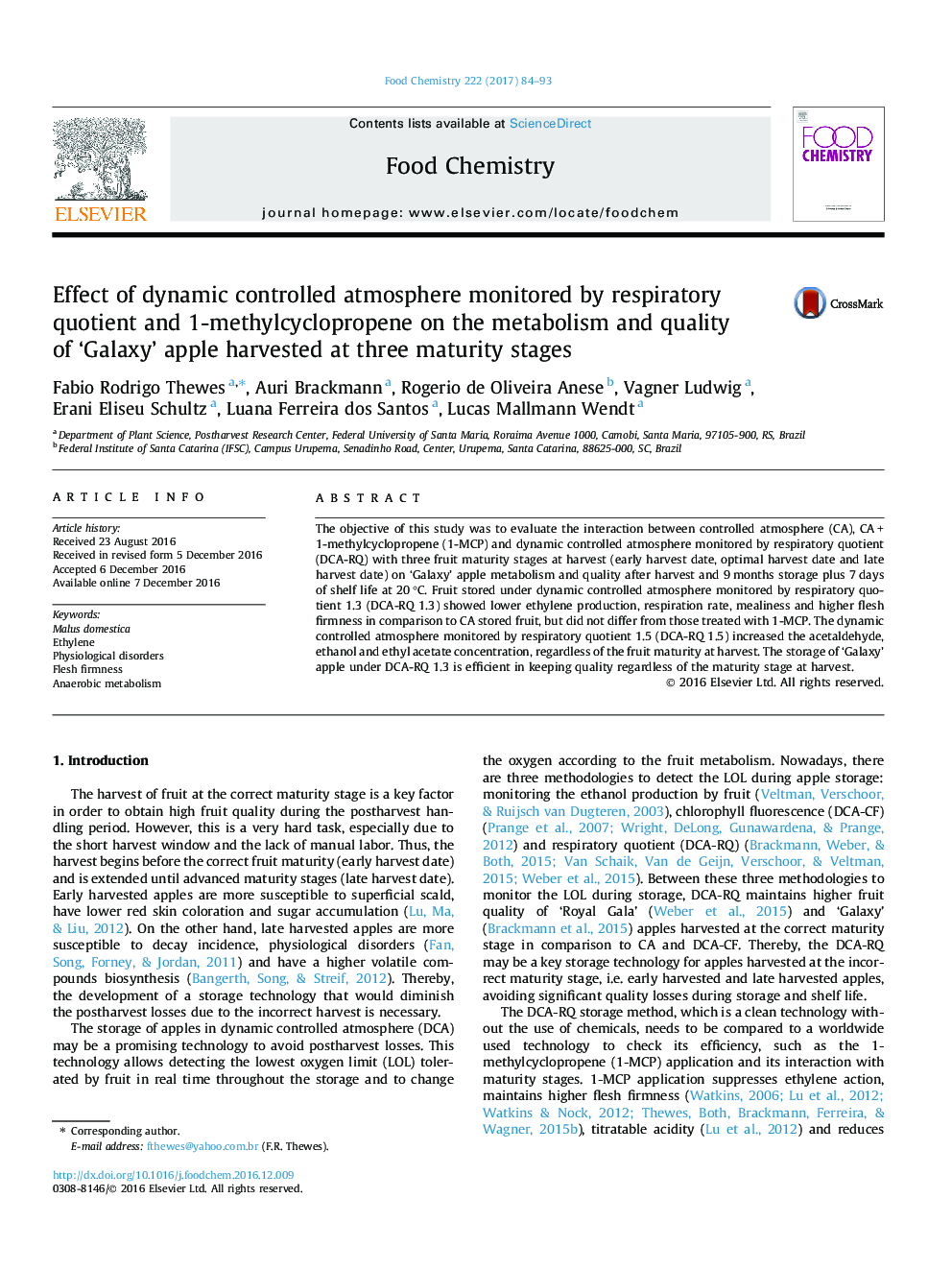 Effect of dynamic controlled atmosphere monitored by respiratory quotient and 1-methylcyclopropene on the metabolism and quality of 'Galaxy' apple harvested at three maturity stages