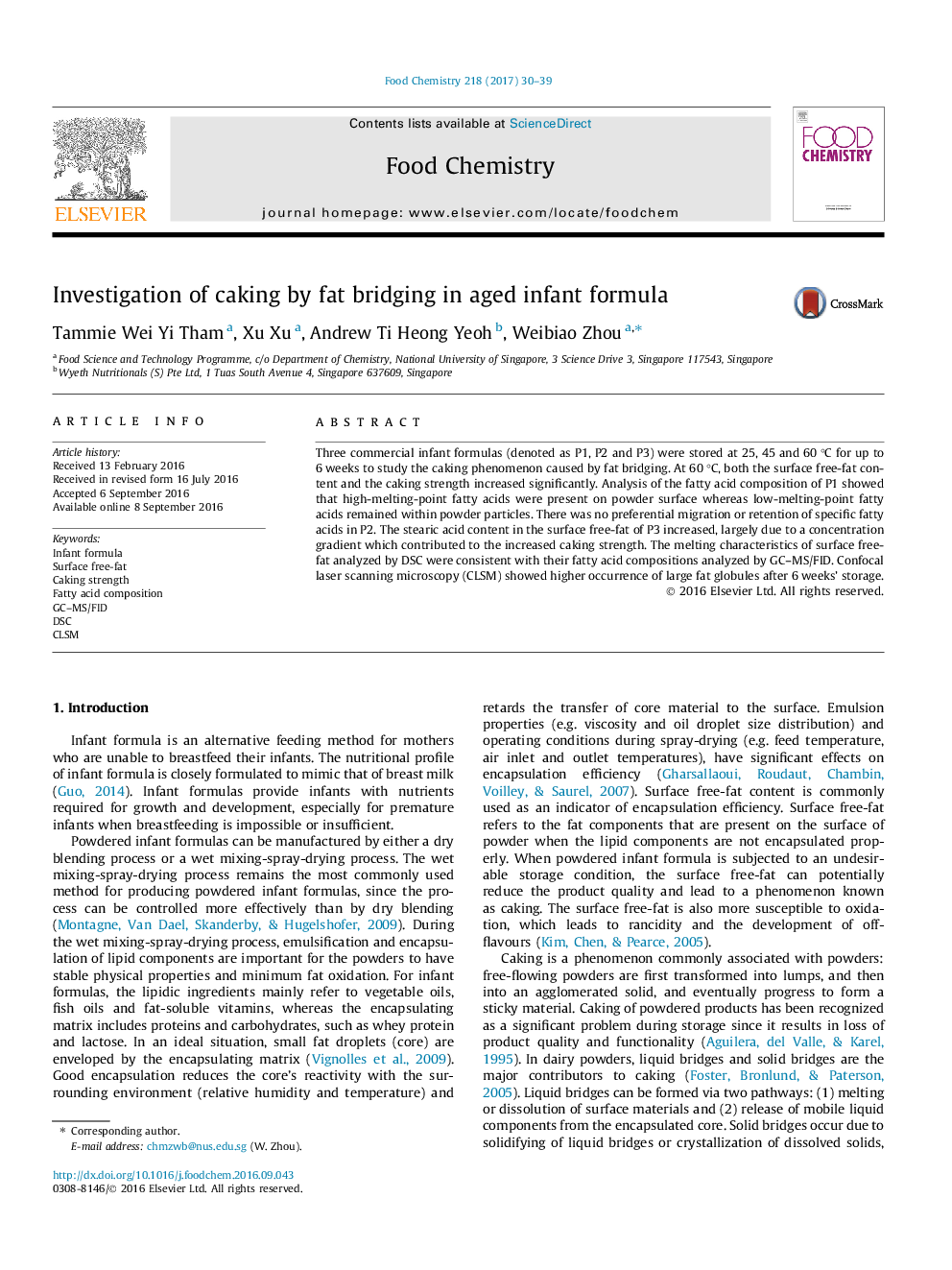 Investigation of caking by fat bridging in aged infant formula