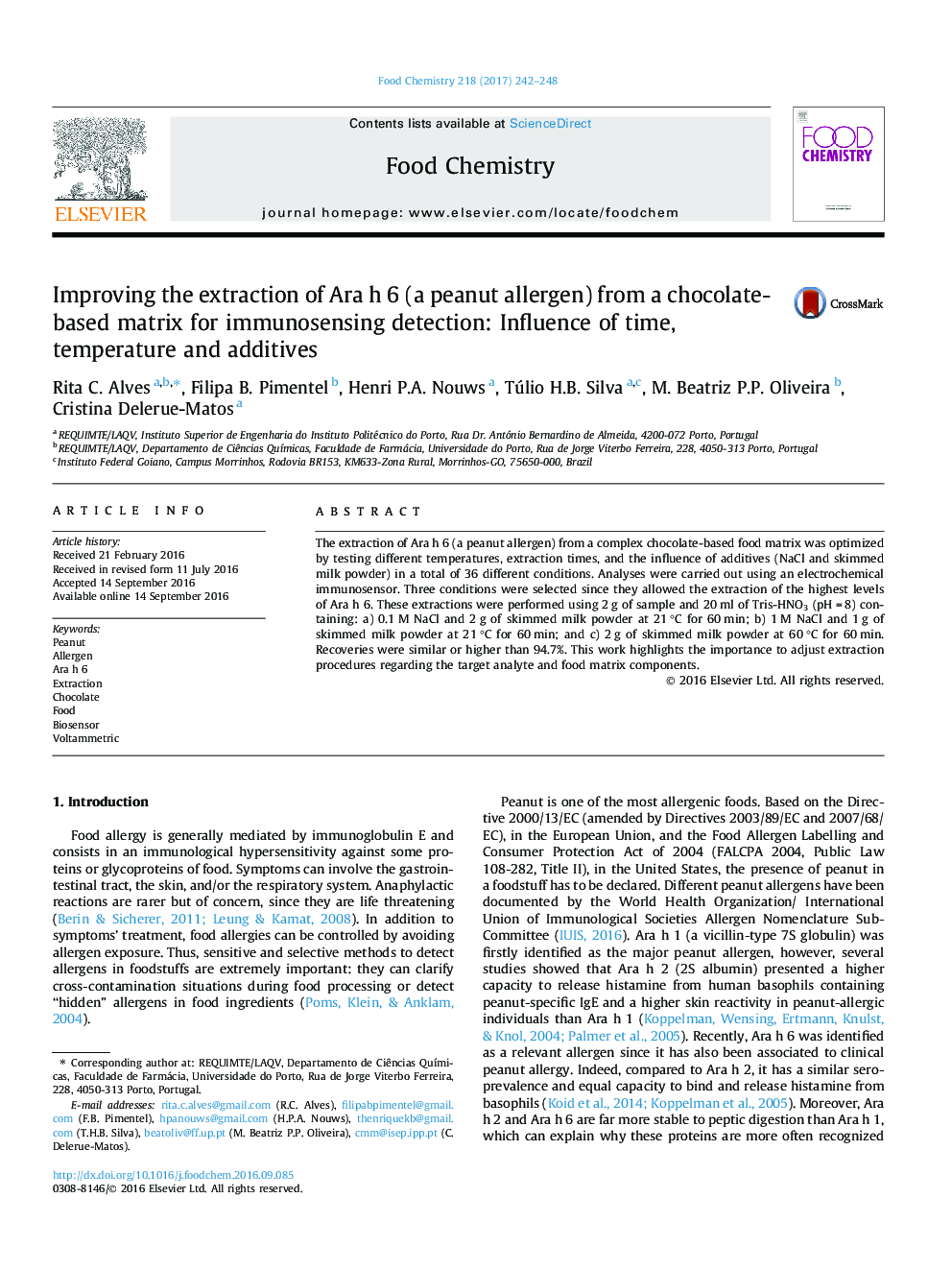 Improving the extraction of Ara h 6 (a peanut allergen) from a chocolate-based matrix for immunosensing detection: Influence of time, temperature and additives