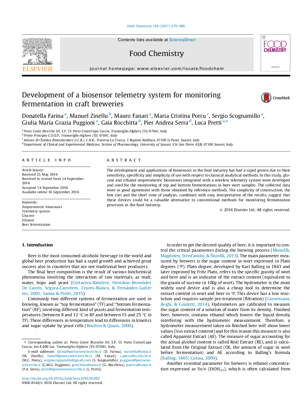 Development of a biosensor telemetry system for monitoring fermentation in craft breweries