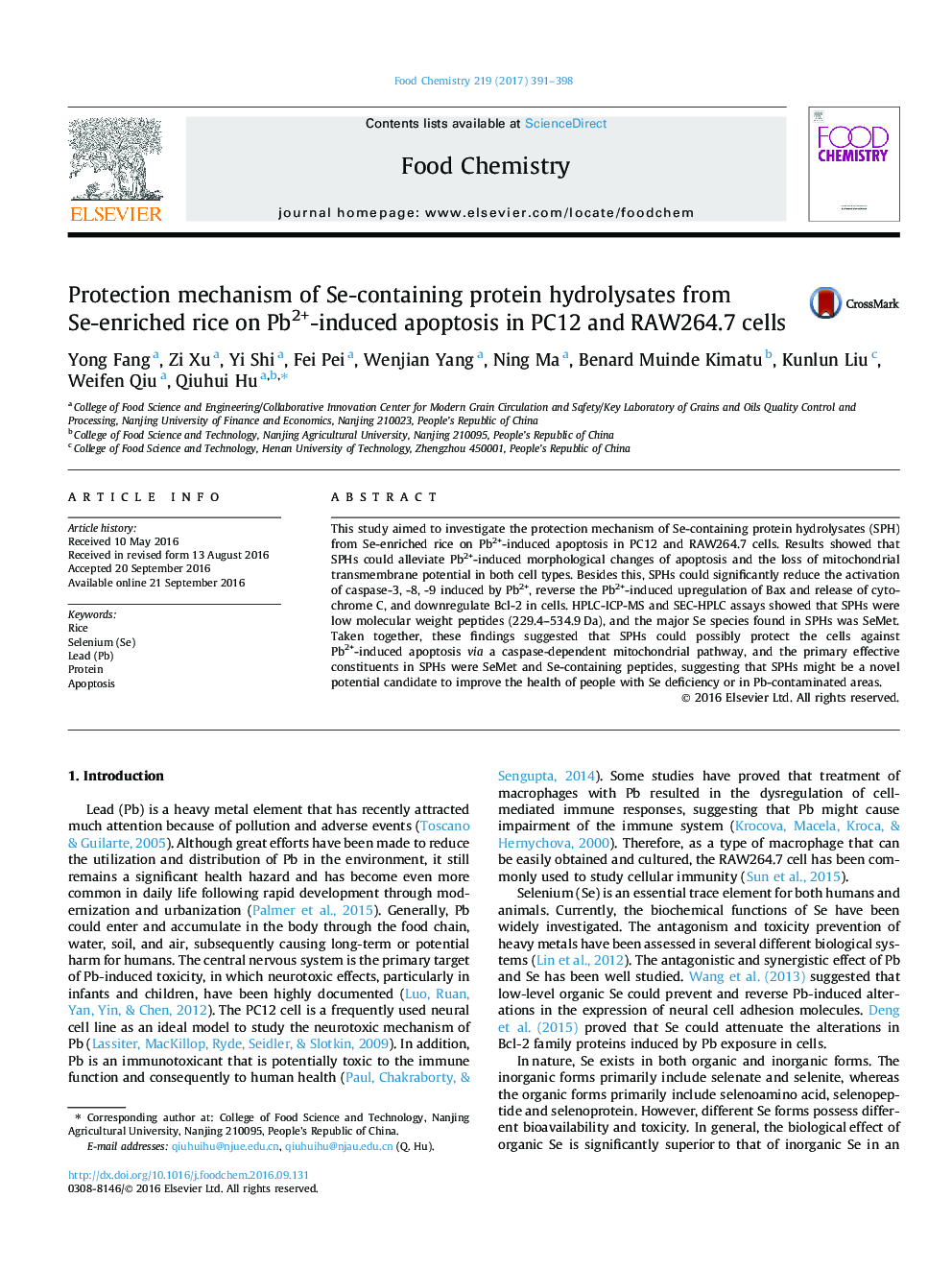 Protection mechanism of Se-containing protein hydrolysates from Se-enriched rice on Pb2+-induced apoptosis in PC12 and RAW264.7 cells