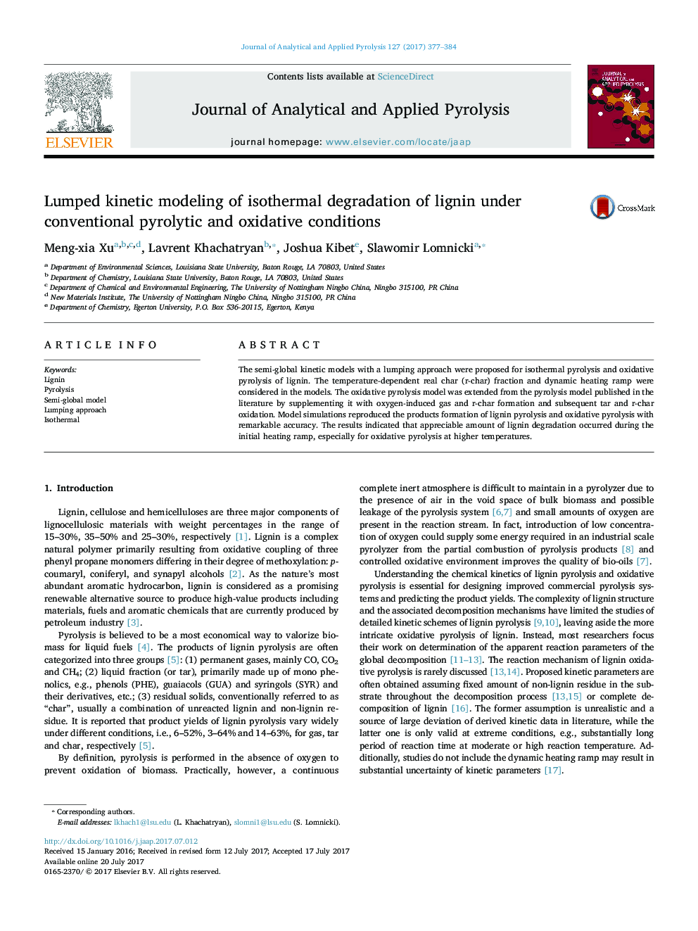 Lumped kinetic modeling of isothermal degradation of lignin under conventional pyrolytic and oxidative conditions