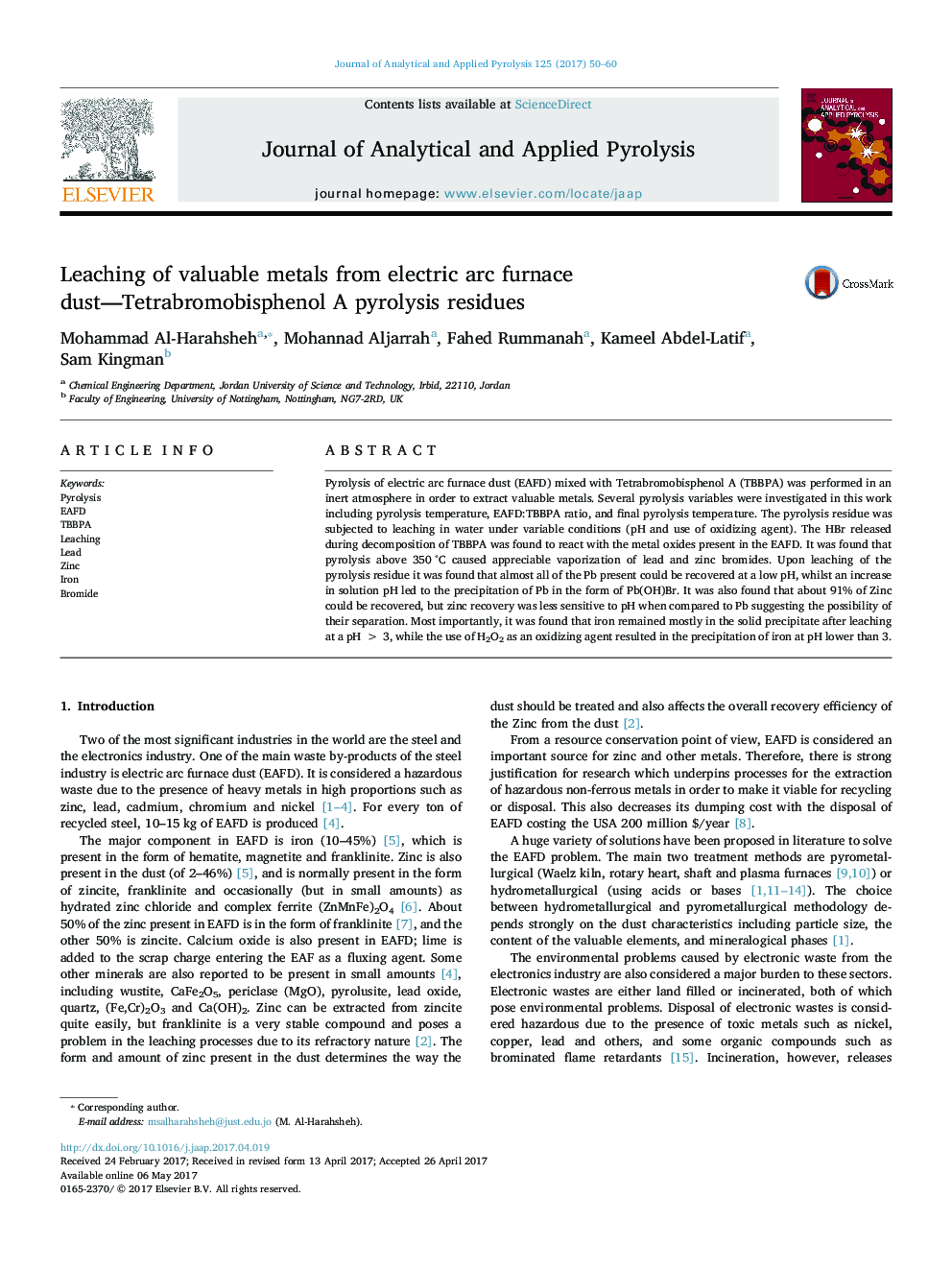 Leaching of valuable metals from electric arc furnace dust-Tetrabromobisphenol A pyrolysis residues