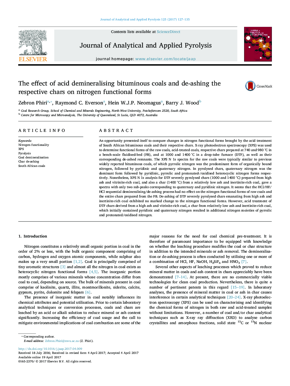 The effect of acid demineralising bituminous coals and de-ashing the respective chars on nitrogen functional forms