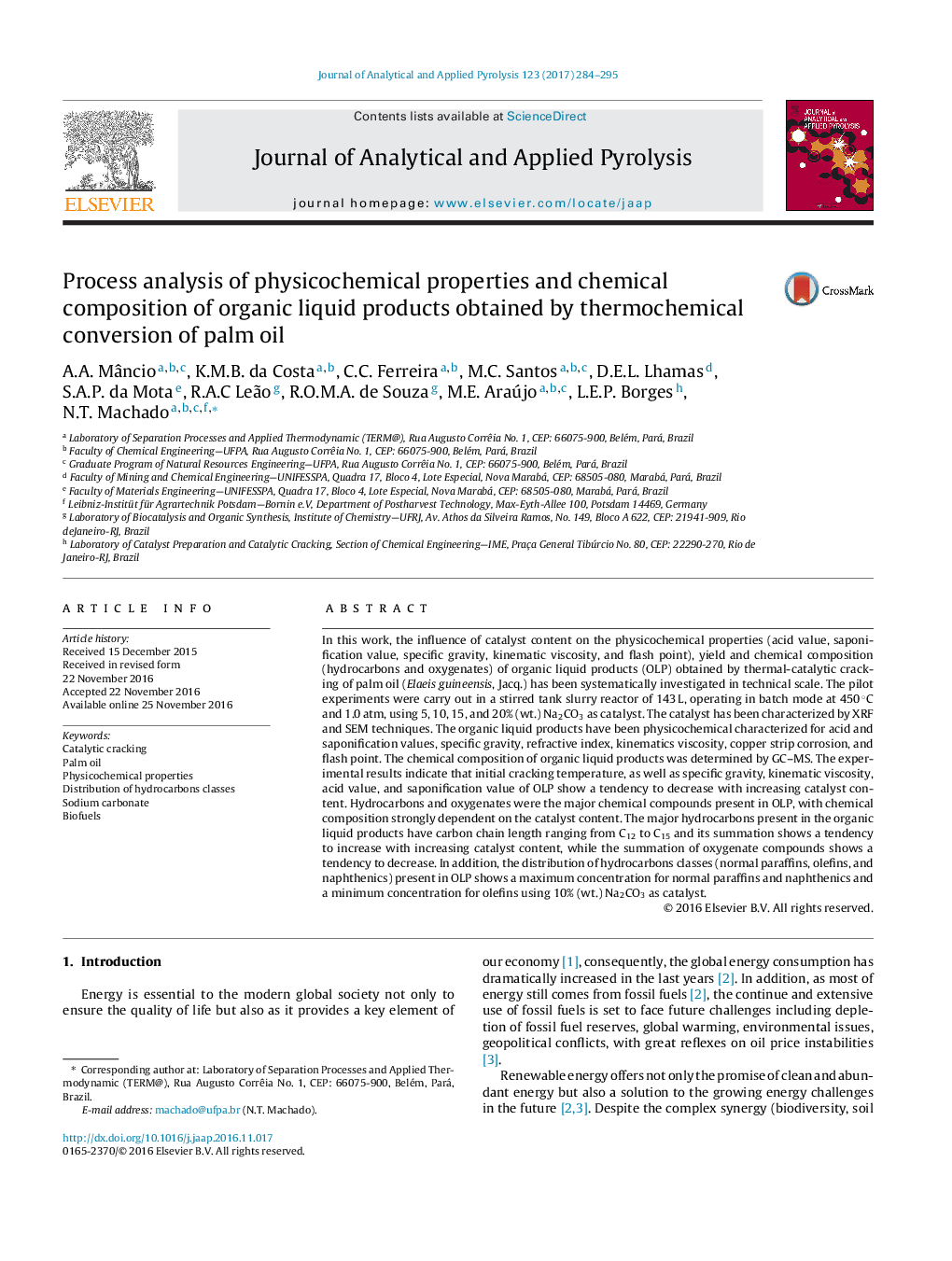 Process analysis of physicochemical properties and chemical composition of organic liquid products obtained by thermochemical conversion of palm oil