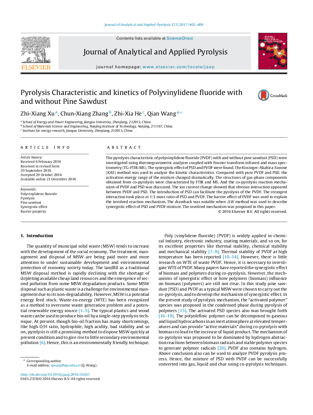 Pyrolysis Characteristic and kinetics of Polyvinylidene fluoride with and without Pine Sawdust