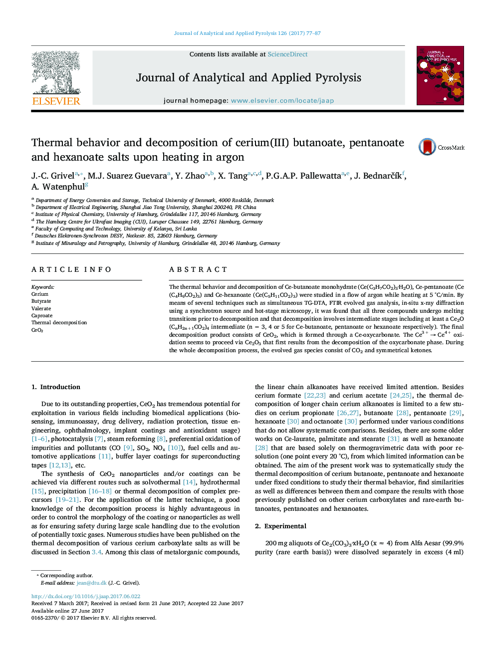 Thermal behavior and decomposition of cerium(III) butanoate, pentanoate and hexanoate salts upon heating in argon