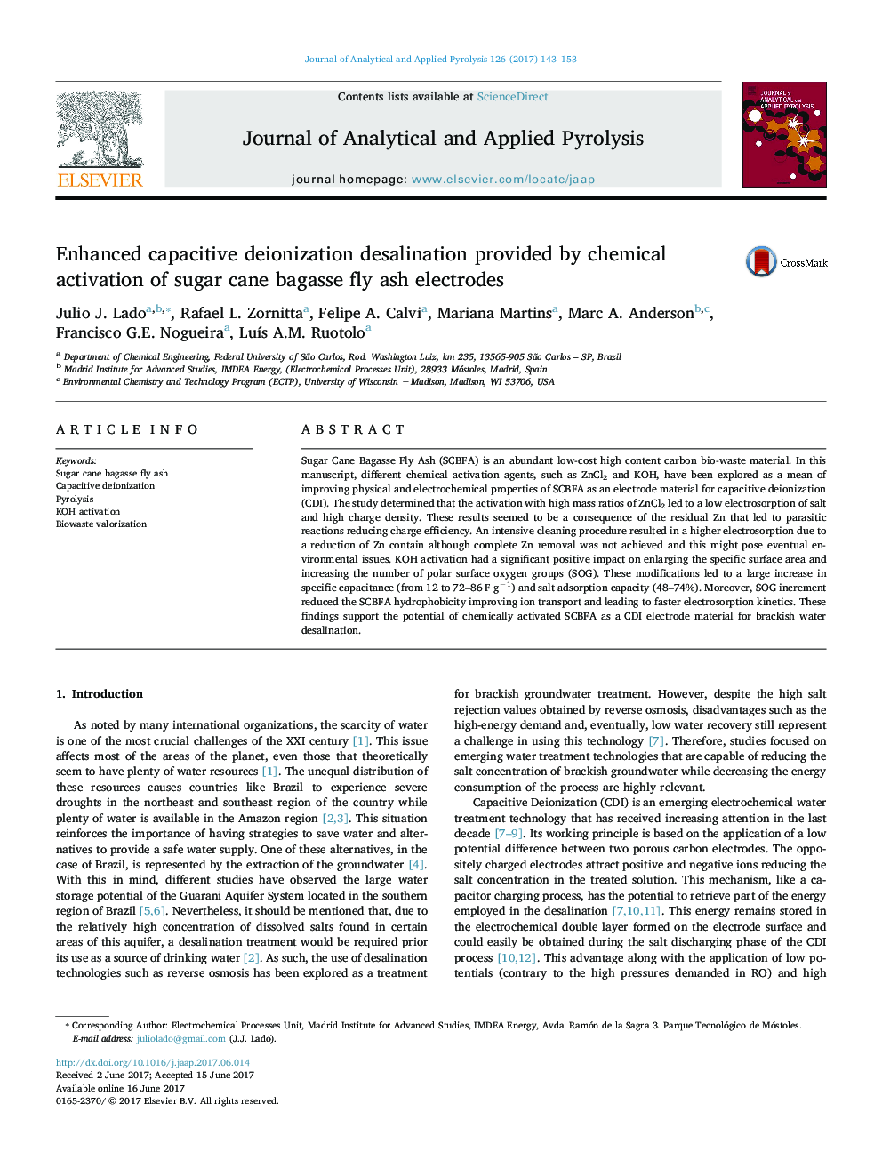 Enhanced capacitive deionization desalination provided by chemical activation of sugar cane bagasse fly ash electrodes