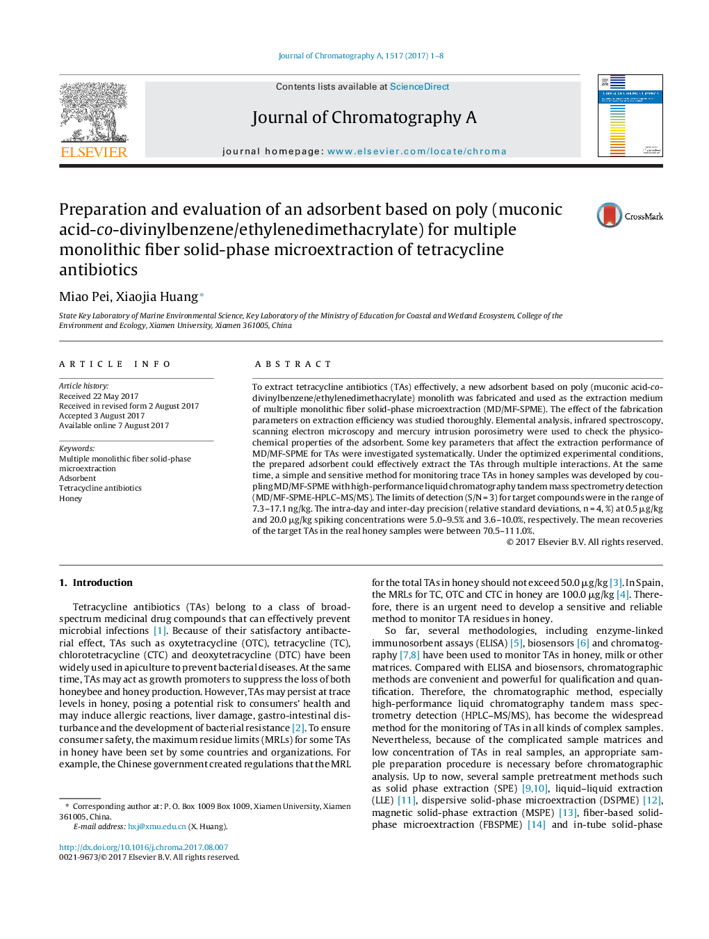 Preparation and evaluation of an adsorbent based on poly (muconic acid-co-divinylbenzene/ethylenedimethacrylate) for multiple monolithic fiber solid-phase microextraction of tetracycline antibiotics