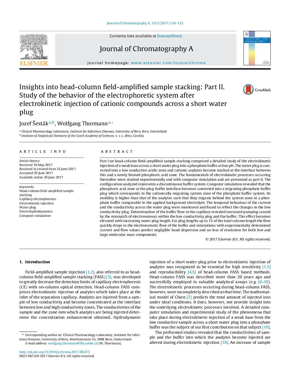 Insights into head-column field-amplified sample stacking: Part II. Study of the behavior of the electrophoretic system after electrokinetic injection of cationic compounds across a short water plug