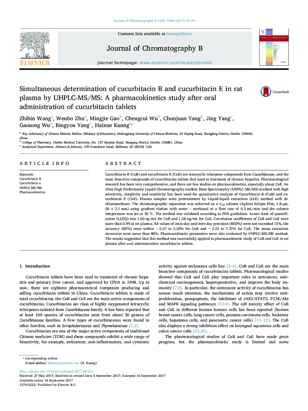 Simultaneous determination of cucurbitacin B and cucurbitacin E in rat plasma by UHPLC-MS/MS: A pharmacokinetics study after oral administration of cucurbitacin tablets