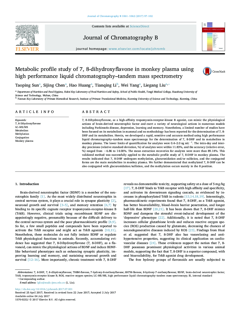 Metabolic profile study of 7, 8-dihydroxyflavone in monkey plasma using high performance liquid chromatography-tandem mass spectrometry