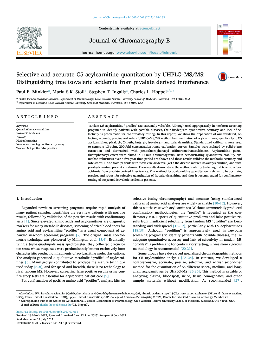 Selective and accurate C5 acylcarnitine quantitation by UHPLC-MS/MS: Distinguishing true isovaleric acidemia from pivalate derived interference