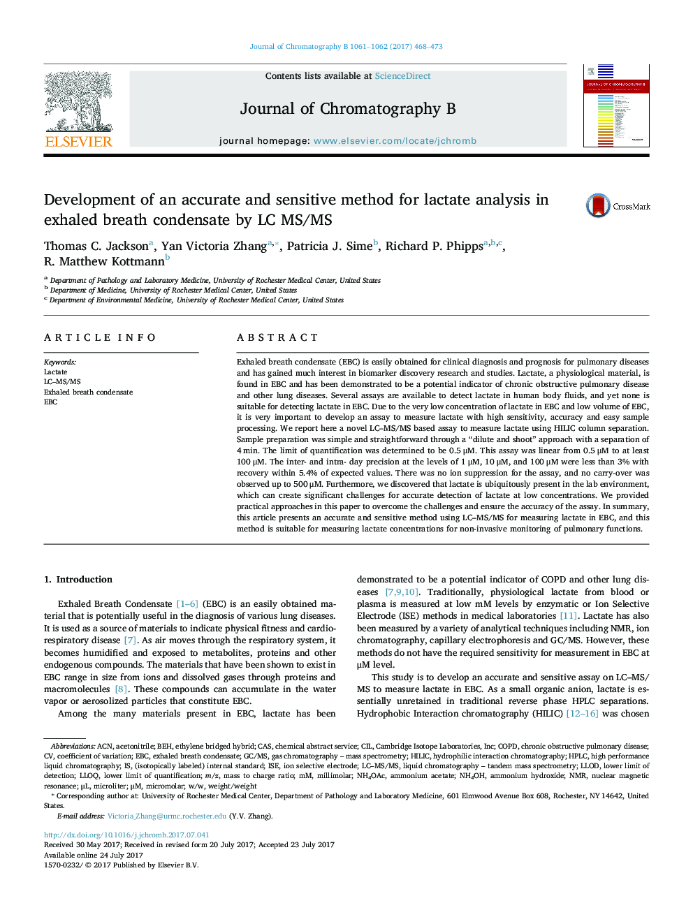 Development of an accurate and sensitive method for lactate analysis in exhaled breath condensate by LC MS/MS