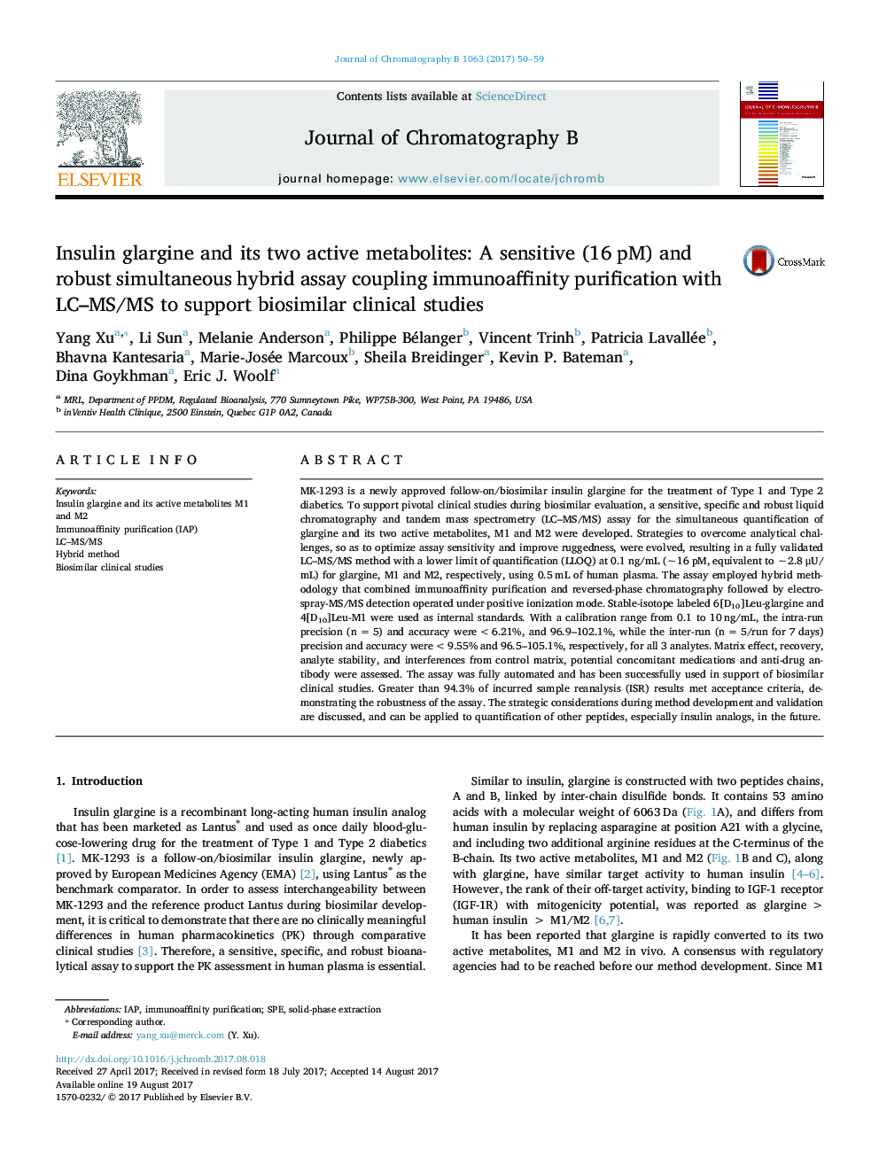 Insulin glargine and its two active metabolites: A sensitive (16Â pM) and robust simultaneous hybrid assay coupling immunoaffinity purification with LC-MS/MS to support biosimilar clinical studies