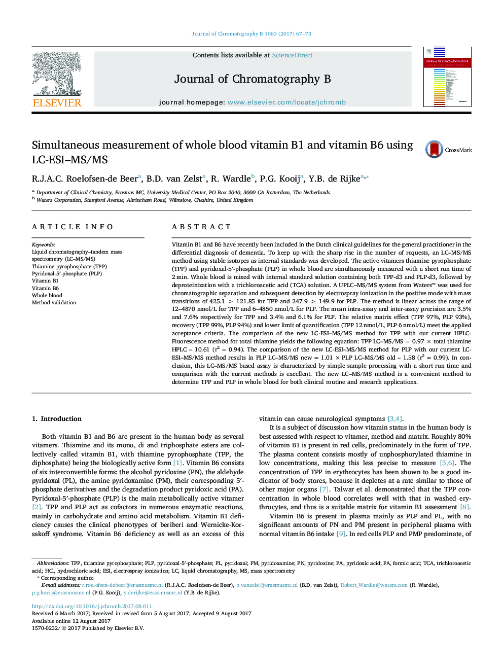 Simultaneous measurement of whole blood vitamin B1 and vitamin B6 using LC-ESI-MS/MS