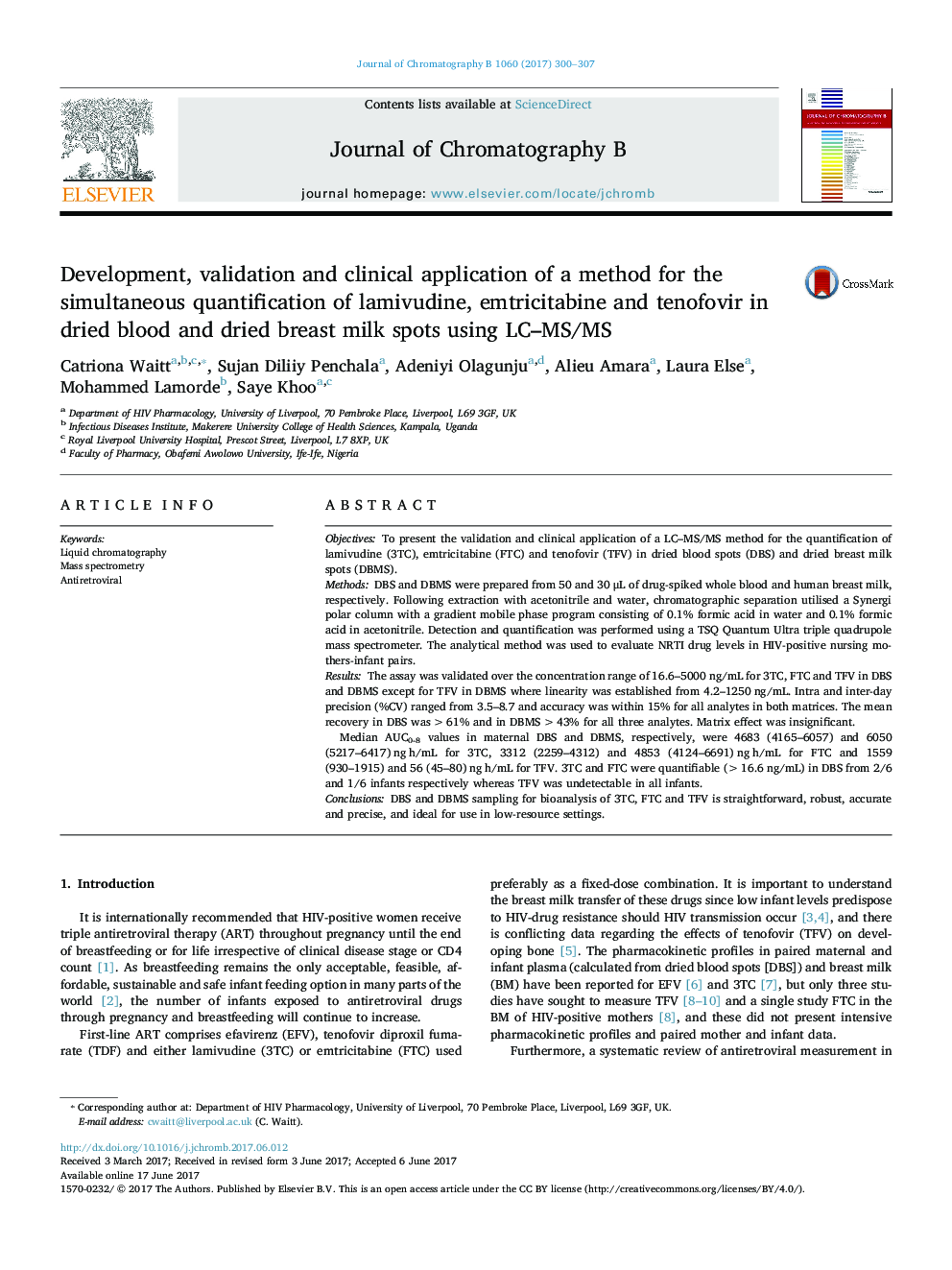 Development, validation and clinical application of a method for the simultaneous quantification of lamivudine, emtricitabine and tenofovir in dried blood and dried breast milk spots using LC-MS/MS