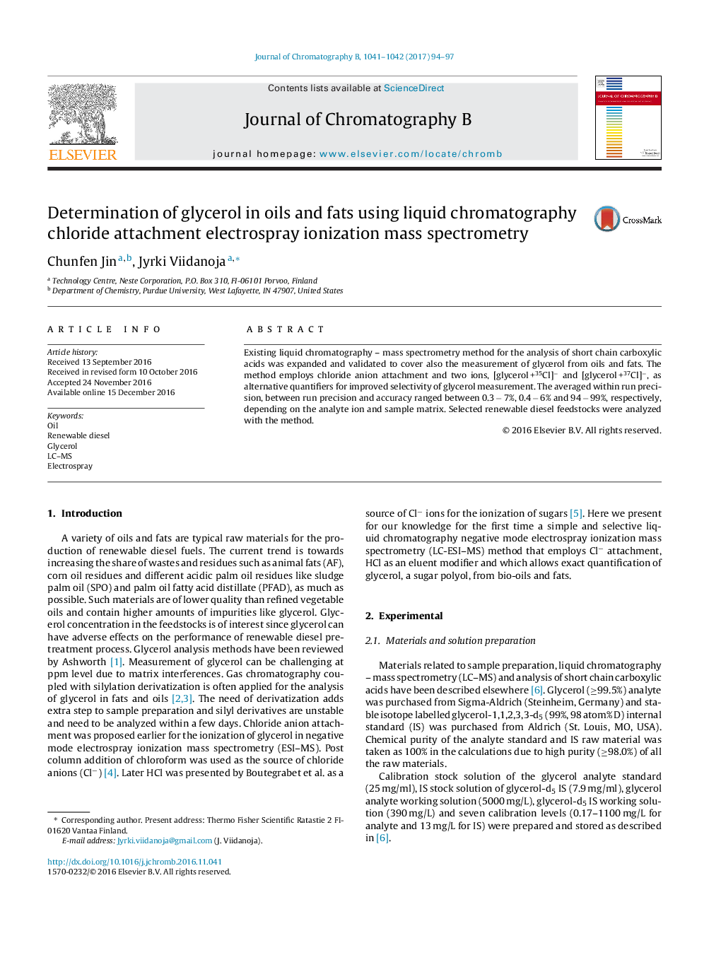 Determination of glycerol in oils and fats using liquid chromatography chloride attachment electrospray ionization mass spectrometry