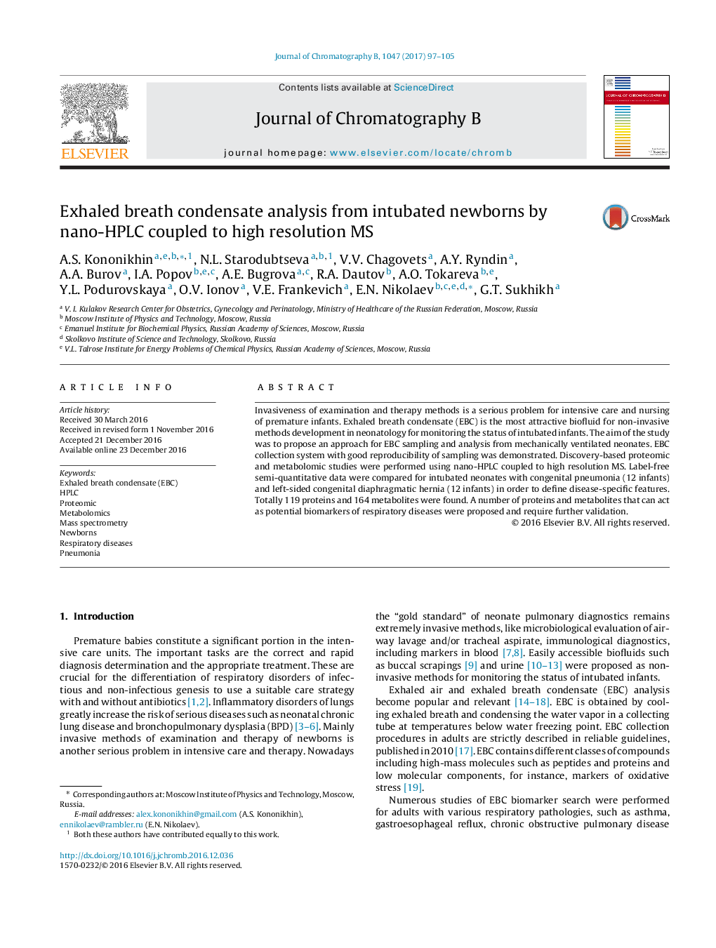 Exhaled breath condensate analysis from intubated newborns by nano-HPLC coupled to high resolution MS