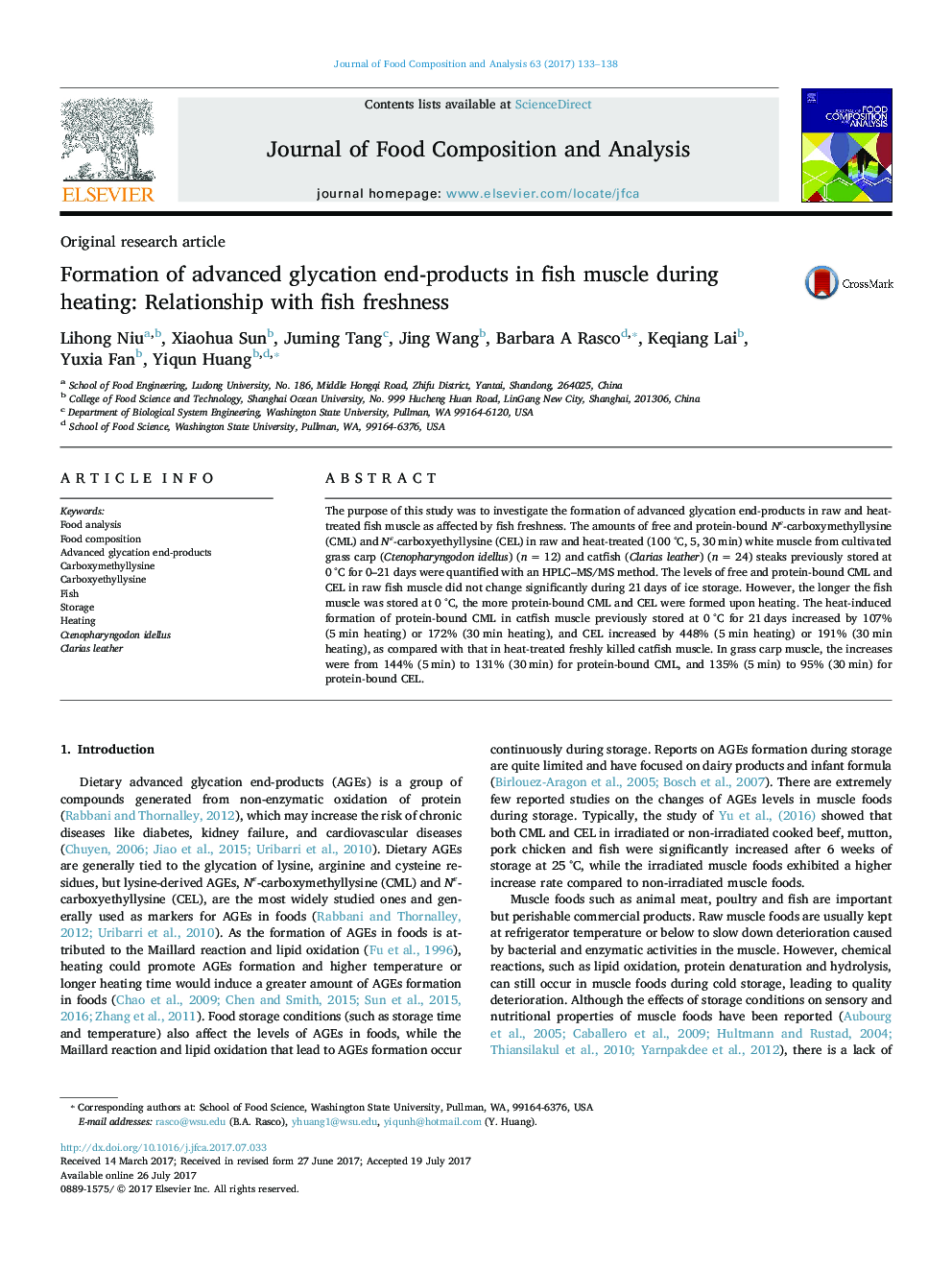 Original research articleFormation of advanced glycation end-products in fish muscle during heating: Relationship with fish freshness