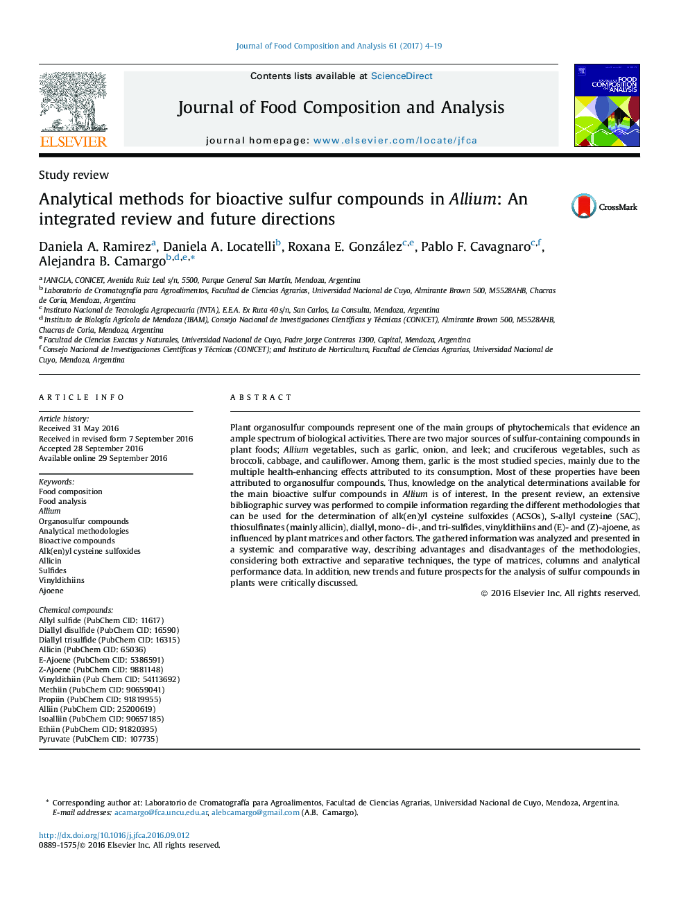 Study reviewAnalytical methods for bioactive sulfur compounds in Allium: An integrated review and future directions