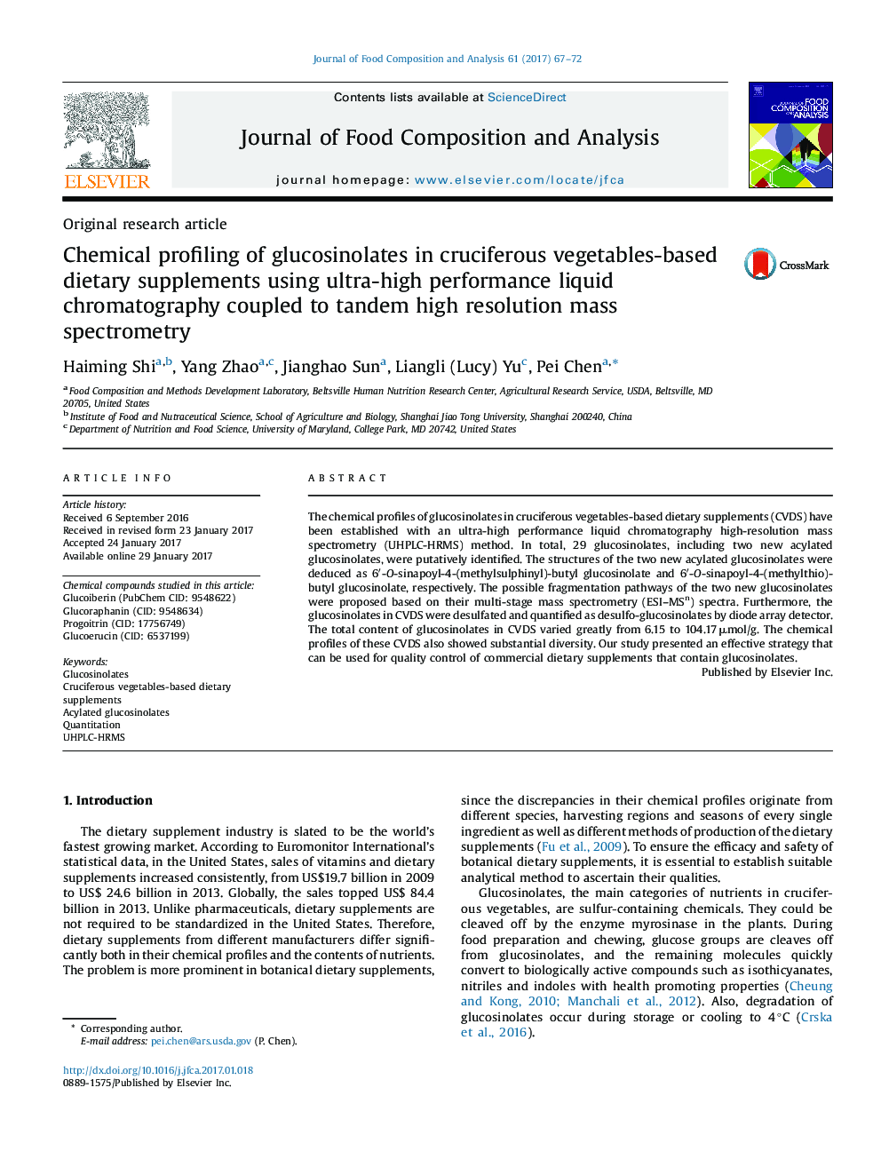 Chemical profiling of glucosinolates in cruciferous vegetables-based dietary supplements using ultra-high performance liquid chromatography coupled to tandem high resolution mass spectrometry