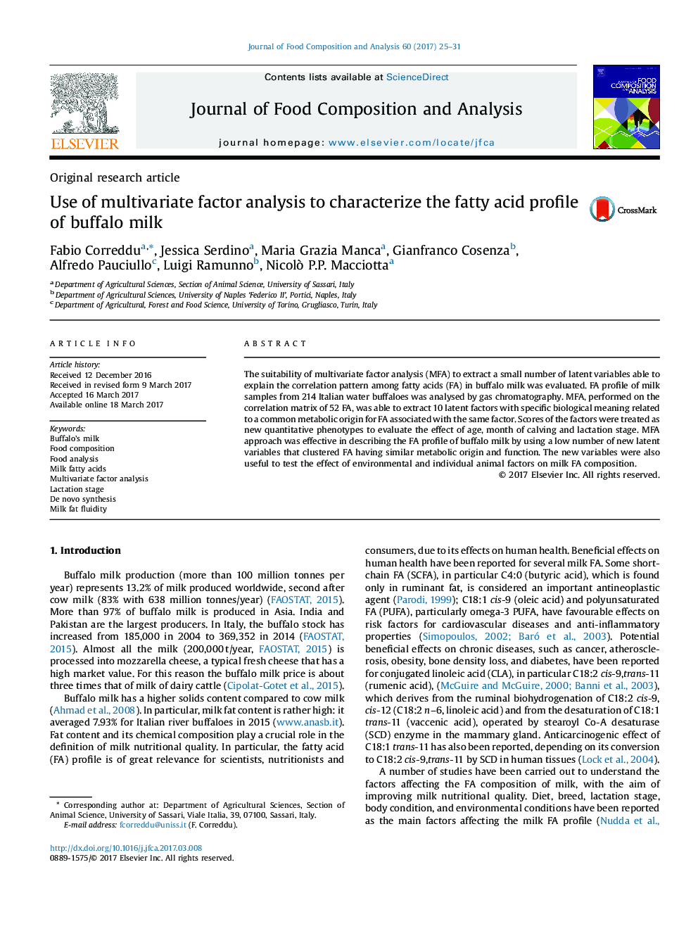 Original research articleUse of multivariate factor analysis to characterize the fatty acid profile of buffalo milk