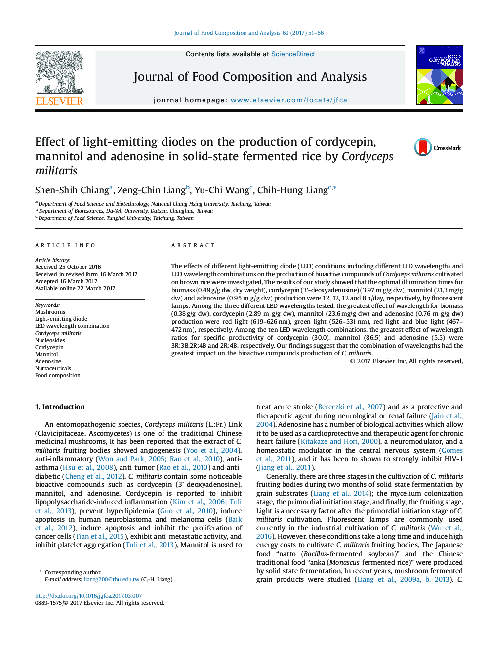 Effect of light-emitting diodes on the production of cordycepin, mannitol and adenosine in solid-state fermented rice by Cordyceps militaris