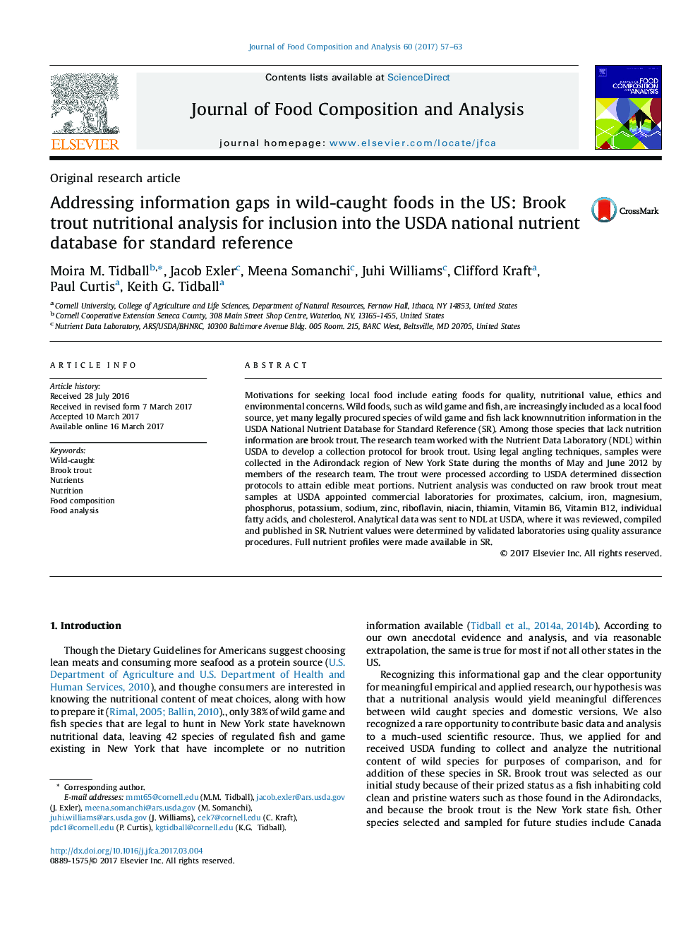 Addressing information gaps in wild-caught foods in the US: Brook trout nutritional analysis for inclusion into the USDA national nutrient database for standard reference