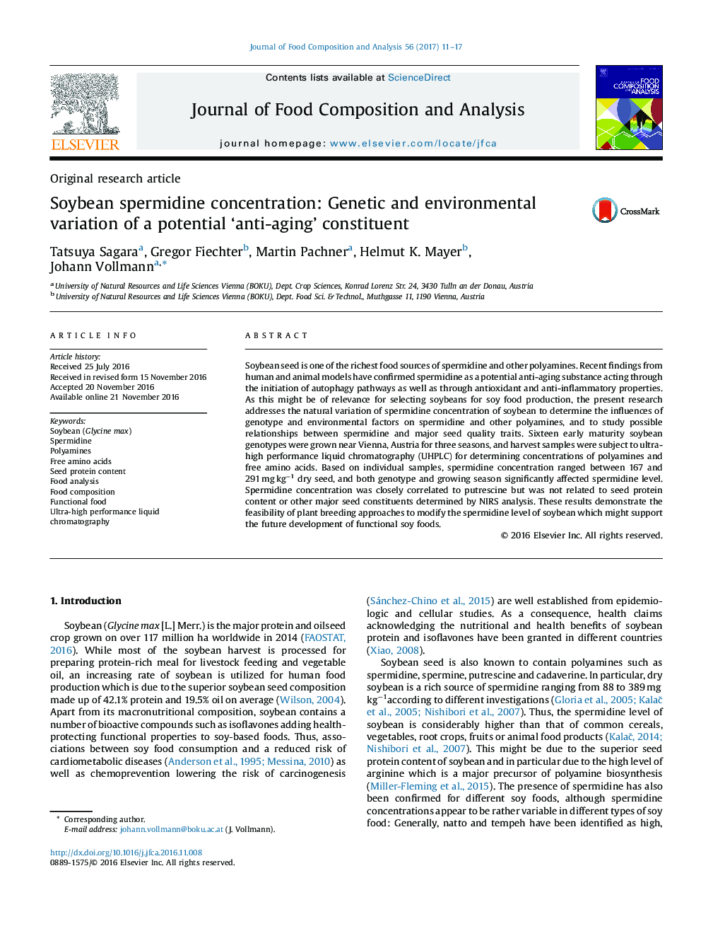 Original research articleSoybean spermidine concentration: Genetic and environmental variation of a potential 'anti-aging' constituent