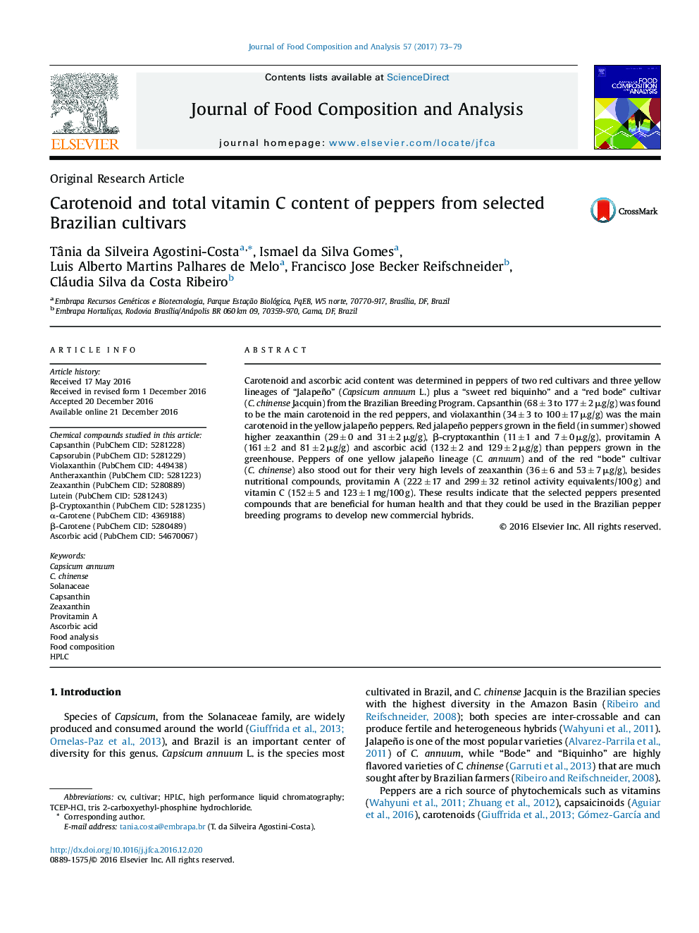 Original Research ArticleCarotenoid and total vitamin C content of peppers from selected Brazilian cultivars