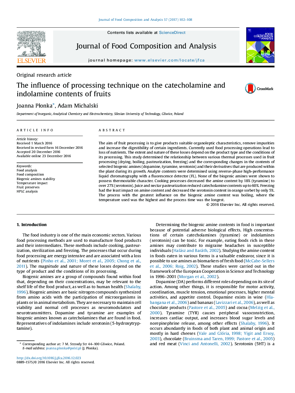 Original research articleThe influence of processing technique on the catecholamine and indolamine contents of fruits